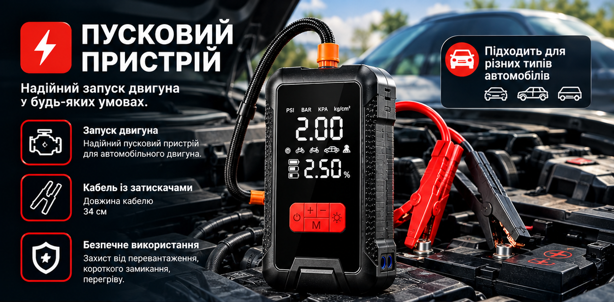 Пусковий пристрій із затискачами на акумуляторі автомобіля — надійний запуск двигуна у будь-яких умовах